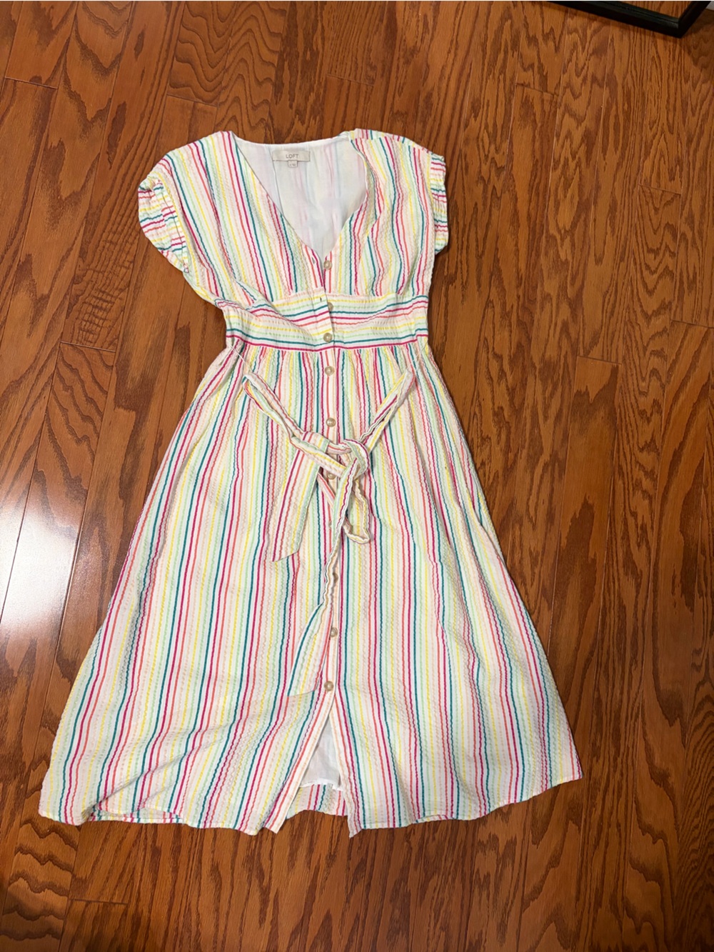 LOFT White Multicolor Striped Button Dress